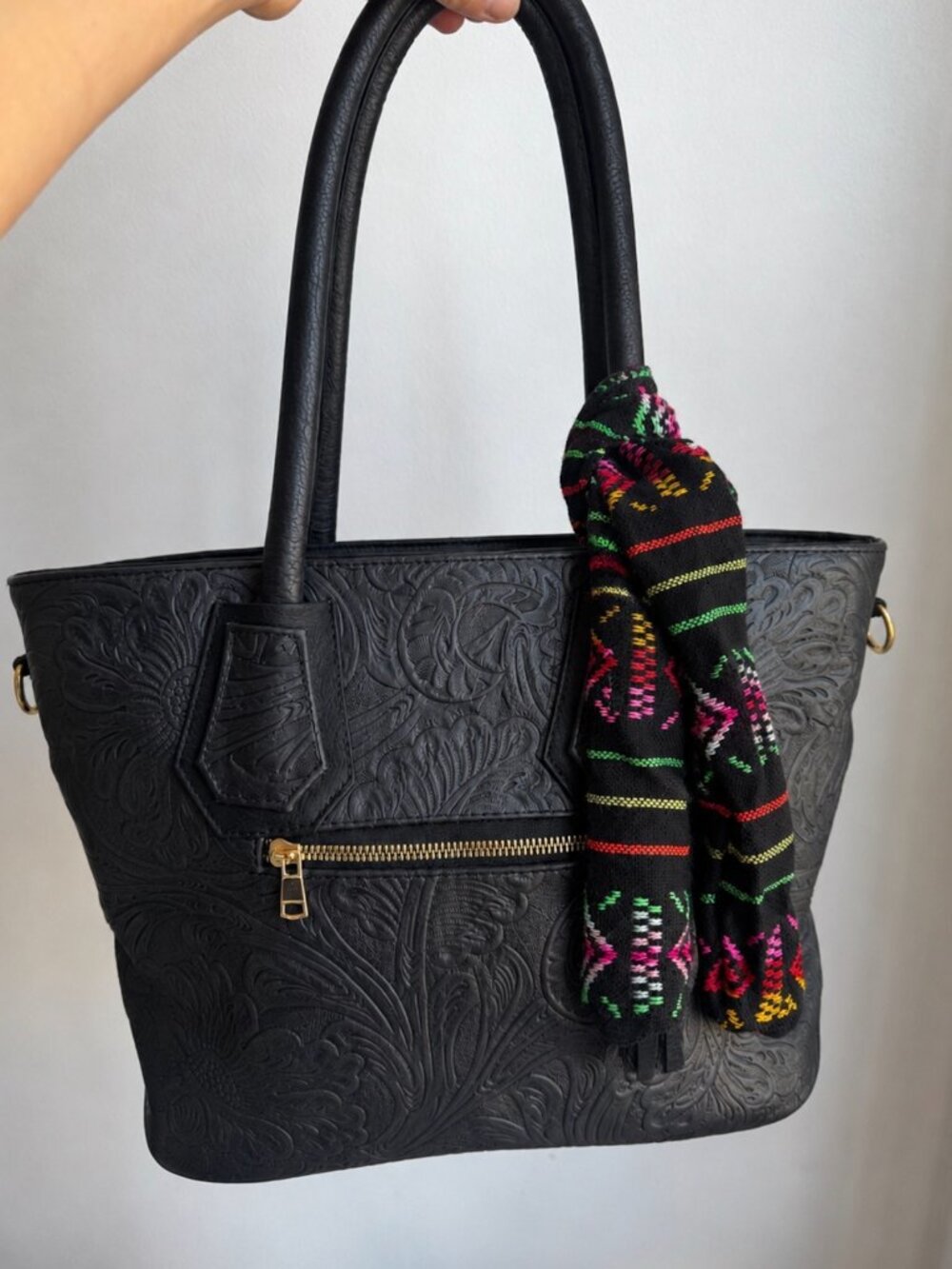 Crossbody Black Handbag Tooled Leather